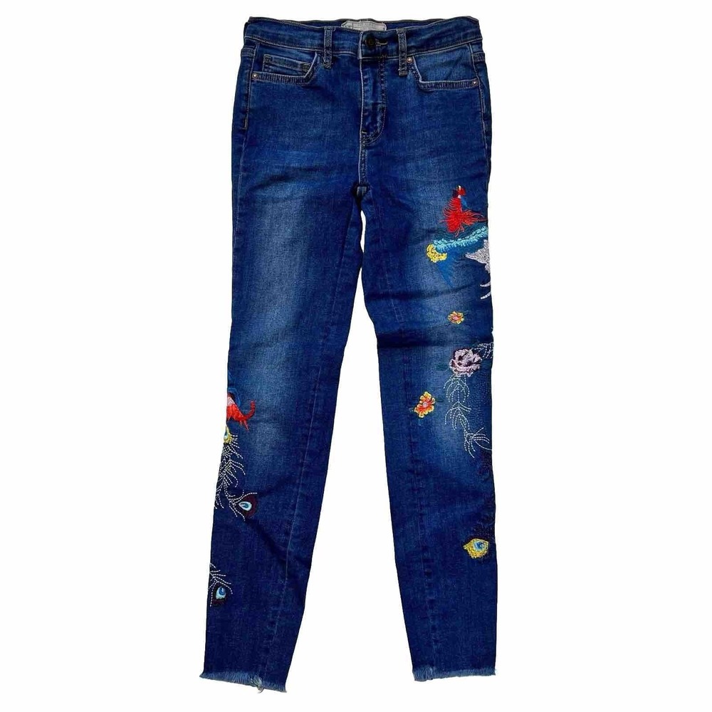 Free People Embroidered Peacock Floral Skinny Jeans Blue Raw Hem Size 24 Boho